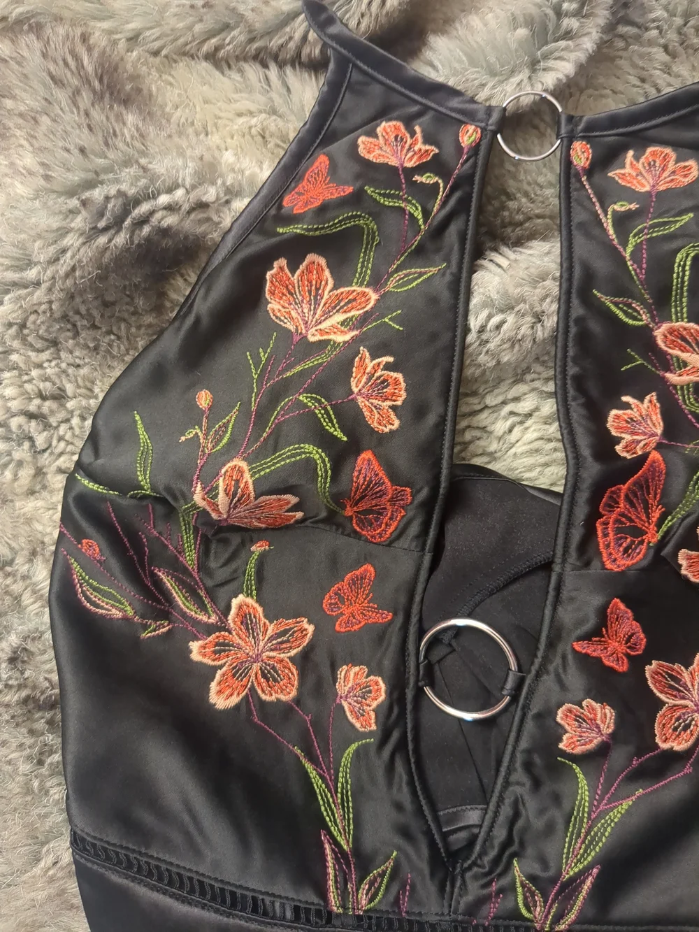Thistle and Spire Black Satin Halter Romper with Pink Floral Embroidery